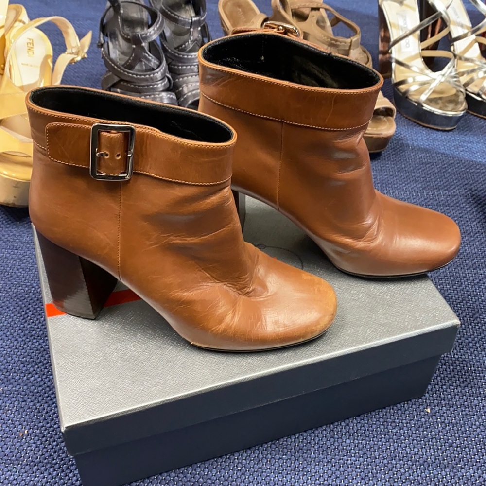 brown leather prada buckle ankle boots